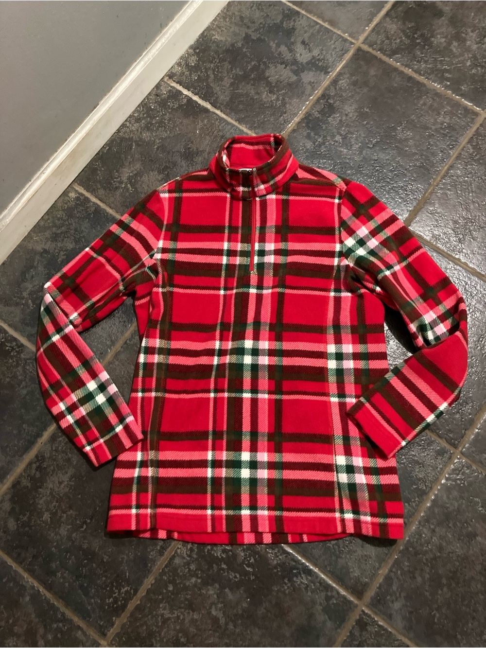 Lands' End Women’s Red Plaid 1/4 Zip Fleece Pullover Size S